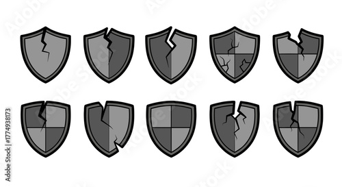 Set of ten cracked shield icons, isolated on a black background, representing broken security, vulnerability, and damage. These vector cartoon illustrations are perfect for web, books, cards, and