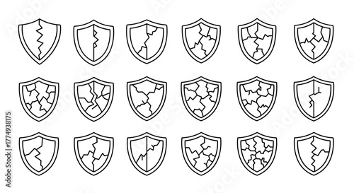 A cracked shield line icon, rendered in a vivid and descriptive style, perfect for graphic design projects, websites, cards, books, and articles. This vector cartoon illustration features a clean