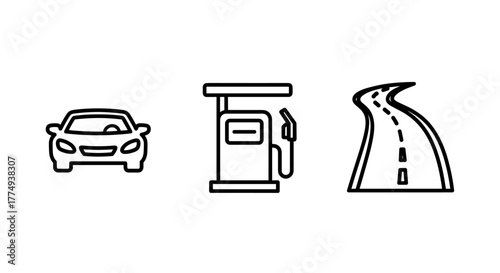 Modern outline style icons representing a car, a gas station, and a winding road, perfect for design elements, cards, apps, and social networks, presented as a clean vector cartoon illustration on a