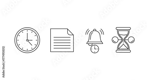 Collection of thin line icons representing time management and productivity: a classic analog clock, a document with text, a ringing alarm bell with a clock face, and an hourglass. These minimalist