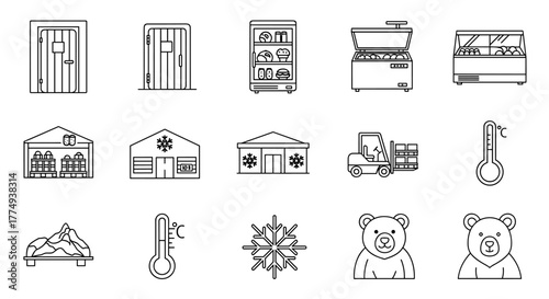 Collection of cold storage and winter-themed outline icons, including refrigerators, freezers, warehouses, forklifts, thermometers, snowflakes, icebergs, and bears, perfect for graphic design, web
