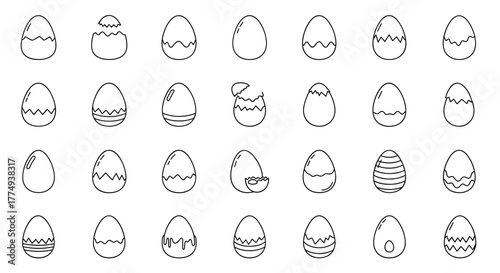 Collection of outline symbols of various eggs drawn with thin lines for apps, websites, banners, infographics, and other types of design. Vector cartoon illustrations of Easter eggs with different