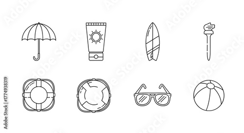 Collection of thin line icons representing summer vacation essentials: an umbrella for shade, sunscreen for protection, a surfboard for water sports, a lifeline for safety, sunglasses for eye