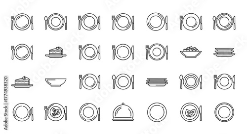 Collection of minimalistic linear icons representing plates, cutlery, and food items, perfect for web and graphic design, apps, banners, social networks, and cards, offering a clean and modern