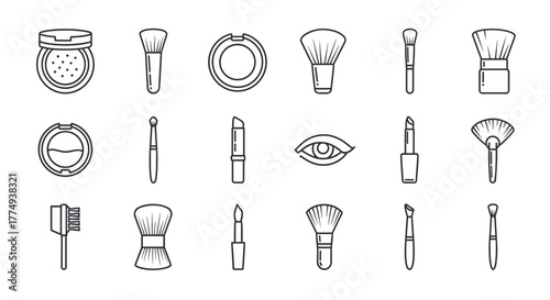 Collection of cosmetic brushes and makeup items in outline style, including powder compacts, lipsticks, an eye, and various brush types, perfect for graphic design, web, apps, and advertisements