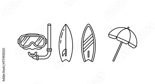 Collection of outline icons representing beach and water activities, including a diving mask with snorkel, two surfboards, and a beach umbrella, perfect for graphic design, web, apps, and