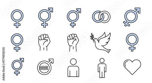 Collection of thin line vector icons representing gender symbols, feminism, solidarity, marriage, peace, and human figures, suitable for apps, websites, banners, and infographics, with a modern