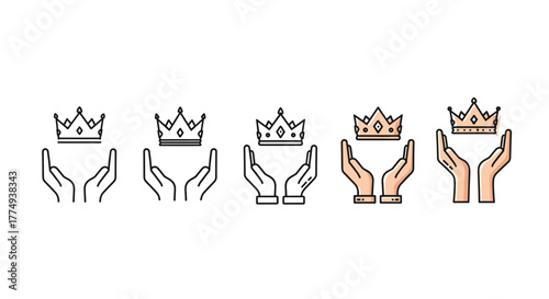 Set of five crown icons held over open hands, progressing from thin line art to a fully colored cartoon illustration, symbolizing royalty, success, achievement, and protection, perfect for web