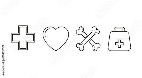 Set of four simple linear icons representing medical concepts: a red cross symbol, a heart icon, crossed bones, and a first aid kit, all on a black background. These minimalistic vector graphics are