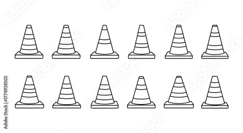Collection of twelve traffic cone outline icons, presented in a clean, editable stroke vector cartoon illustration, perfect for infographics, articles, books, flyers, and banners, symbolizing safety
