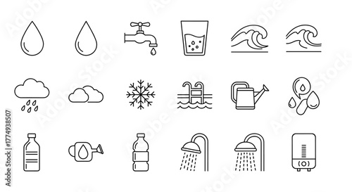 Set of thin line icons representing water and its various forms and uses, including drops, rain, clouds, snowflakes, waves, taps, glasses, bottles, showers, swimming pools, watering cans, and water
