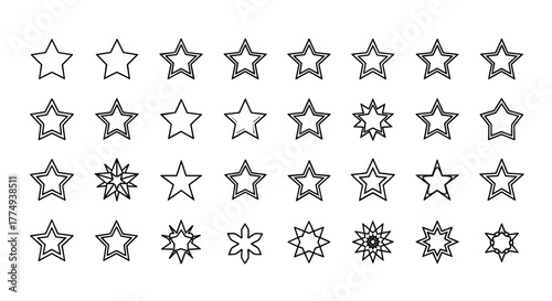 A versatile collection of star outline vector illustrations with editable strokes, perfect for infographics, articles, books, flyers, and banners, presented as a cartoon illustration with a white