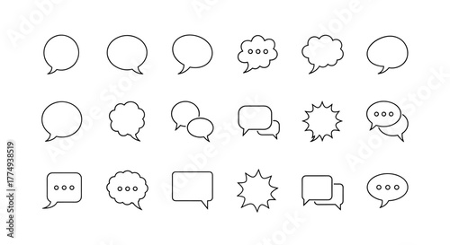 Collection of diverse speech bubble line icons, perfect for graphic and web design, apps, adverts, and various cards. This vector cartoon illustration features outline signs representing
