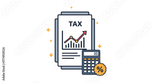 Vivid flat design vector illustration of a tax document with an upward trending graph and a calculator featuring a percentage symbol, symbolizing financial growth, accounting, and economic