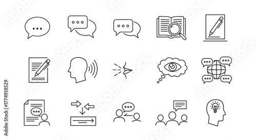 Editable line icon set representing language and communication concepts: speech bubbles, translation, writing, speaking, listening, non-verbal cues, dictionaries, language skills, vocabulary, and