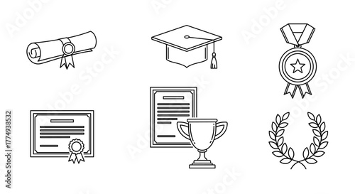 Set of outline icons representing academic awards and achievements, including a diploma, graduation cap, medal, certificate, trophy cup, and laurel wreath, symbolizing educational success and