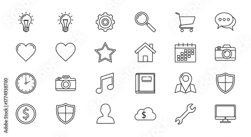A diverse collection of outline icons presented in a linear style, featuring various items such as a clock, camera, shield, dollar sign, user profile, star, calendar, and computer monitor, ideal for