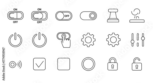 Set of On and Off Switch Related Line Icons, Outline Signs for Graphic and Web Design, Apps, Adverts, Various Cards, Vector Cartoon Illustration with a White Background. Includes power buttons