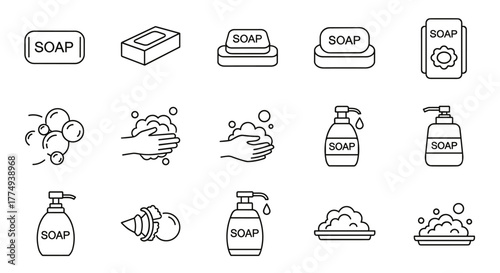 Collection of simple linear outline icons representing various forms of soap and handwashing, including bar soap, liquid soap dispensers, soap bubbles, and hands lathering with soap, perfect for web