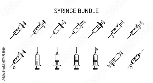 Syringe Line Icon Bundle: A collection of minimalistic linear pictograms representing syringes, perfect for web and graphic design, apps, banners, social networks, and cards. This vector cartoon