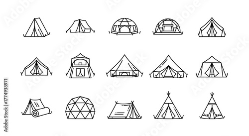 Collection of outline tent icons for graphic and web design, apps, adverts, and various cards. This vector cartoon illustration features a diverse range of tent styles, including dome, teepee, and
