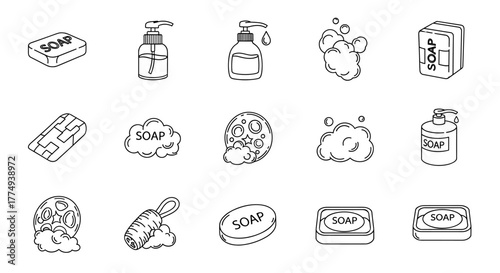 Collection of isolated soap icons on a white background, featuring bar soap, liquid soap dispensers, and soap bubbles, perfect for web, books, cards, and app designs, presented as a clean vector