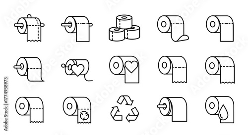 Collection of simple, isolated line icons representing toilet paper, perfect for graphic design, book illustrations, advertisements, and app development. This editable stroke vector cartoon