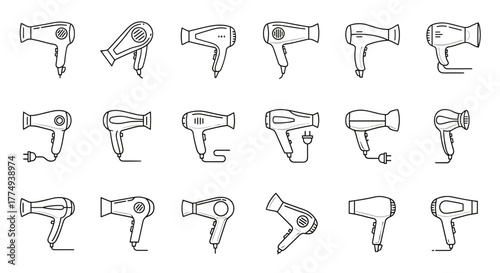 Collection of stylized line art icons representing various hair dryers, presented in a clean, ordered set against a stark black background, ideal for graphic design, app interfaces, and conceptual
