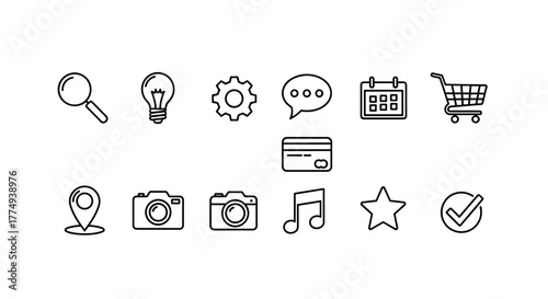 Collection of minimalist line icons representing various business and technology concepts, including search, location, data, analysis, and verification, presented on a clean white background for