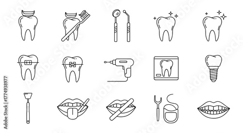 Collection of minimalistic linear outline icons representing dentistry and dental care, including teeth, braces, dental drill, implant, toothbrush, dental mirror, and lips, perfect for web and