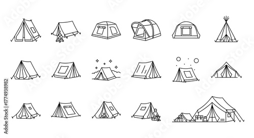 Collection of hand-drawn outline tent icons and symbols, perfect for graphic and web design, apps, adverts, and various cards. This vector cartoon illustration features a diverse range of tent