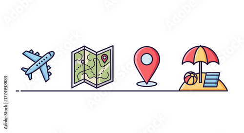 Vibrant vector cartoon icons depicting essential travel elements: a blue airplane, a folded map with pins, a red location marker, and a beach scene with an umbrella, beach ball, and lounge chair