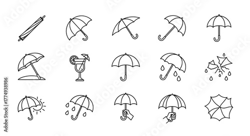 Collection of simple linear outline umbrella icons, perfect for web, books, cards, and apps, presented as editable stroke vector cartoon illustrations, symbolizing protection, weather, and fashion