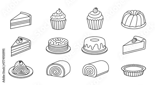 Collection of various cake icons in a thin, editable stroke style, suitable for web, books, cards, and apps. This vector cartoon illustration features a variety of desserts including slices of cake