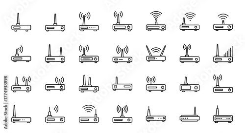 Set of thin Wi-Fi router icons, editable stroke, perfect for websites, books, cards, and apps. Vector cartoon illustration on a white background, representing connectivity and technology.