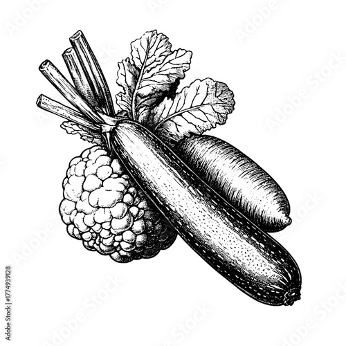 Detailed engraved illustration of fresh vegetables showcasing a cauliflower, zucchini, and carrot in a classic art style