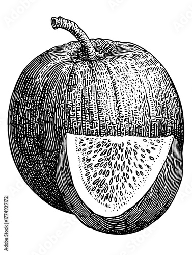 Engraved illustration of a ripe pumpkin cut in half showcasing its seeds and texture for artistic inspiration and decoration