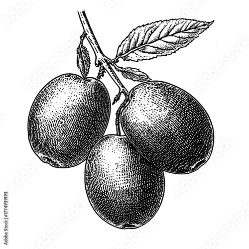 Engraved illustration of amazing ripe plums hanging on a branch, showcasing nature's beauty in fine detail