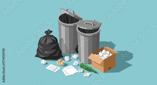 Two metal trash cans, a black garbage bag, cardboard box, glass bottle, and crumpled paper scattered on a blue surface.