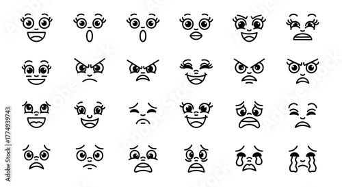 A collection of twenty-four cartoon faces displaying a variety of emotions, including happiness, surprise, anger, sadness, and confusion, all in a simple line drawing style.