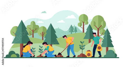 A group of people are planting trees in a forest or park setting, engaging in environmental conservation and community service.