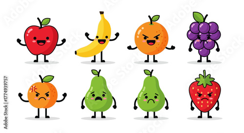 Cartoon illustration of eight different fruits with cute, expressive faces showing a range of emotions from happy to angry, isolated on a white background.