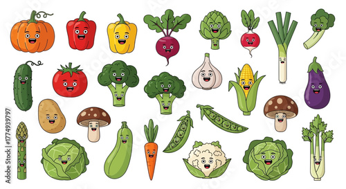 Cartoon illustration featuring a colorful assortment of smiling vegetables including pumpkin, peppers, beetroot, broccoli, corn, mushrooms, and more, arrange...