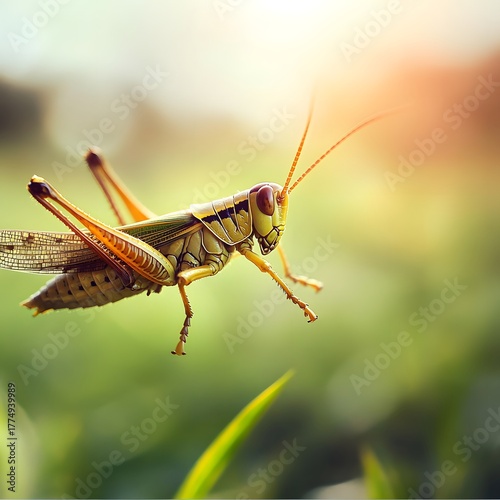 Detailed macro shot of a grasshopper on green grass Photo