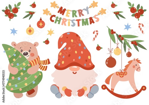 A cute Christmas clipart set featuring a gnome, bear with Christmas tree, toys, ornaments and holiday elements. Merry Christmas! Perfect for greeting cards, invitations, posters, and festive designs