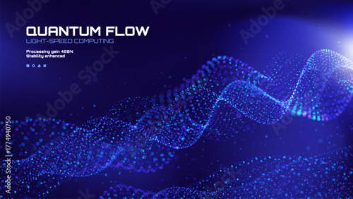 Quantum flow light speed computing concept with blue light dot particle wave digital background for future technology and data science