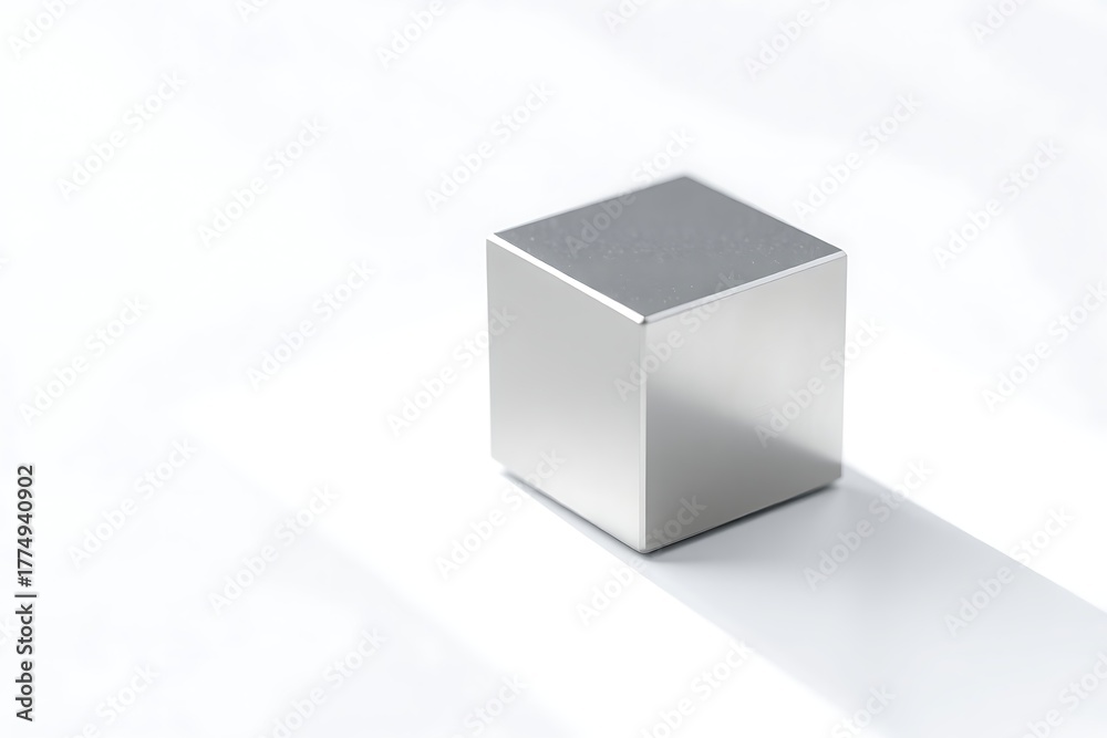Fototapeta premium Generative AI metallic cube casting subtle shadow on white backdrop.