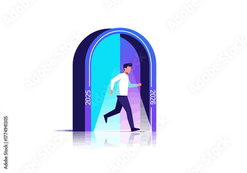Optimistic Leap into the Future: White Figure Running Fast Through the 2026 Portal 