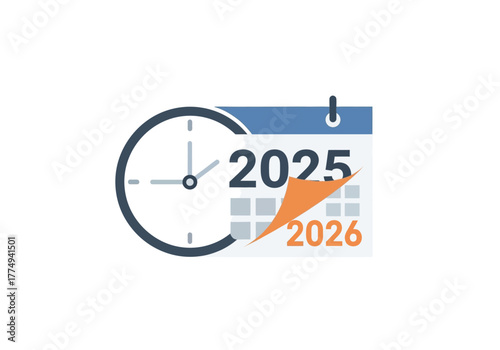 Clock and Calendar Illustration: Indication of Transition Time from 2025 to 2026