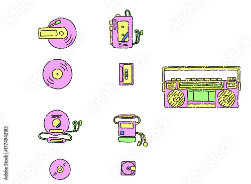 さまざまな音楽メディアとプレーヤー　派手な色版
